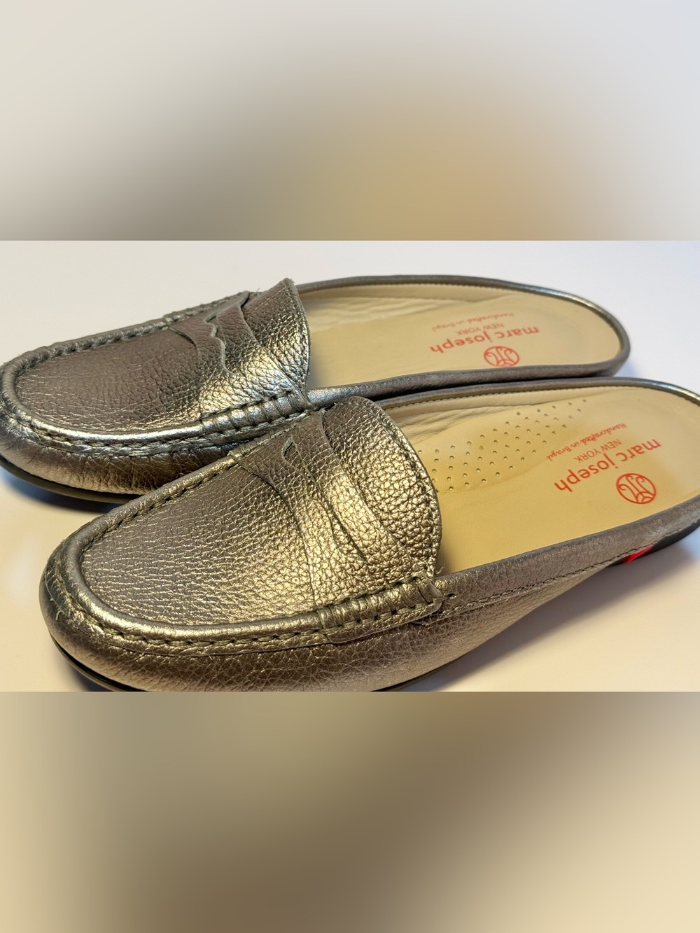 Marc Joseph Silver Metallic Leather Penny Loafer Union Mules size 6.5